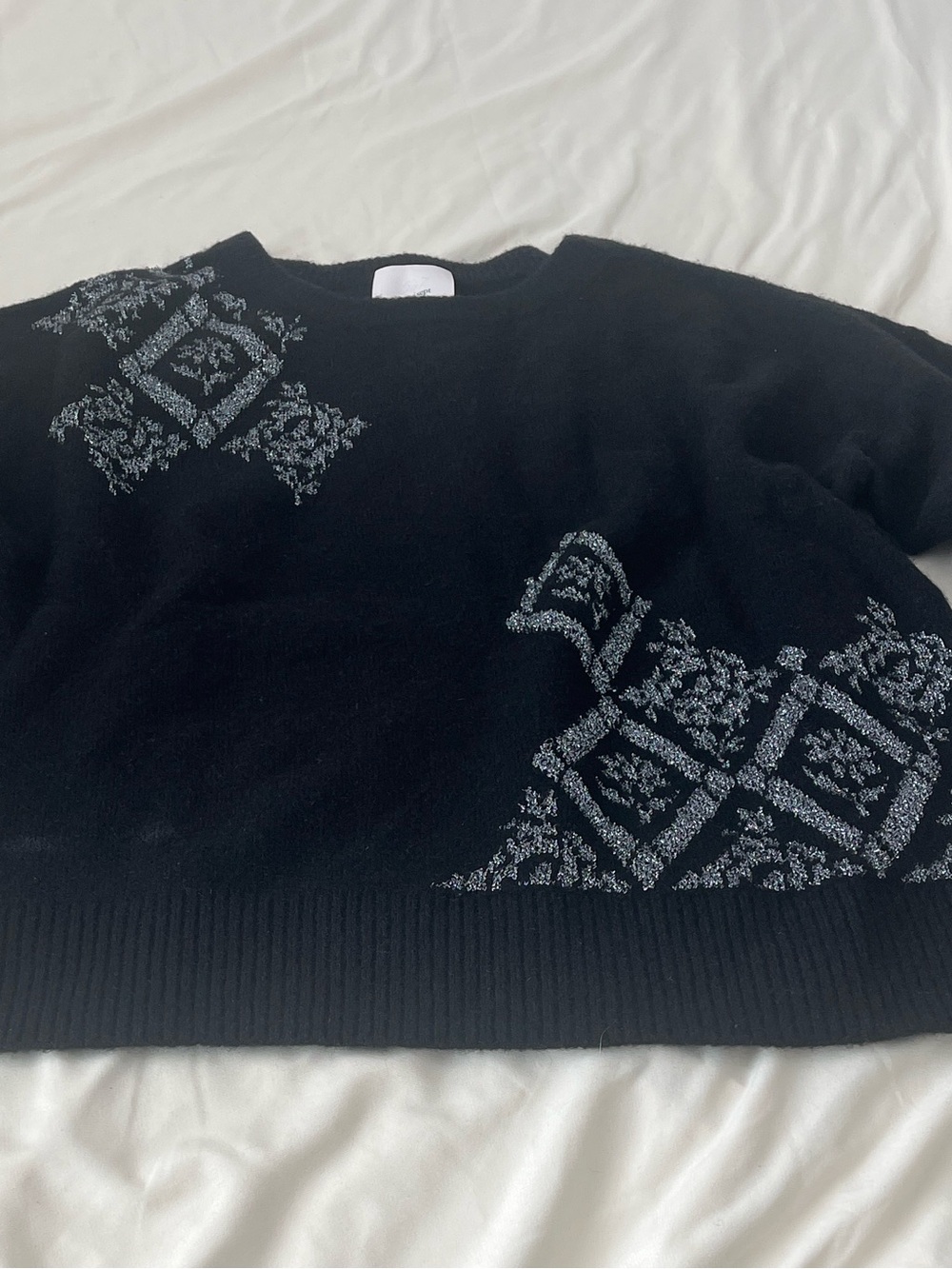 Cinq a Sept Black Wool blend Crewneck Sweater with Metalic Patterned Accents